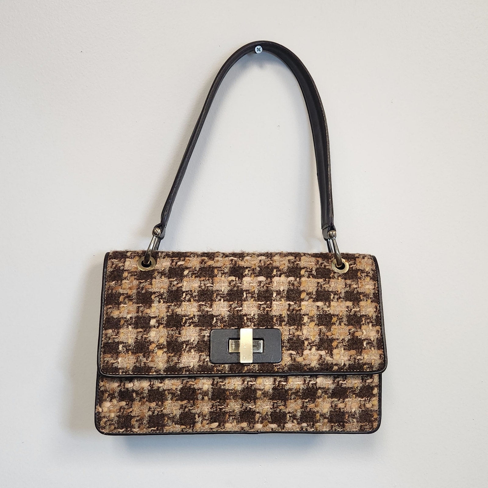 Donald J Pliner Wool Style Brown & Tan Plaid Purse